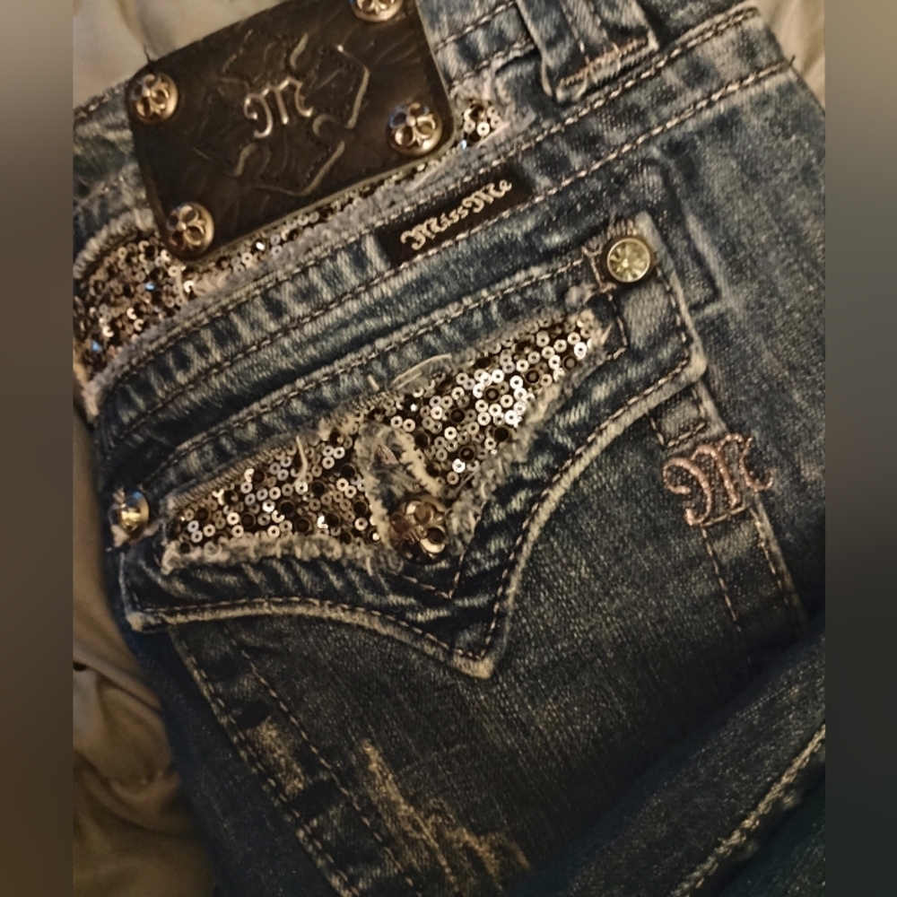 Miss Me Dark Blue Jeans Shorts with Silver Sequin Accents